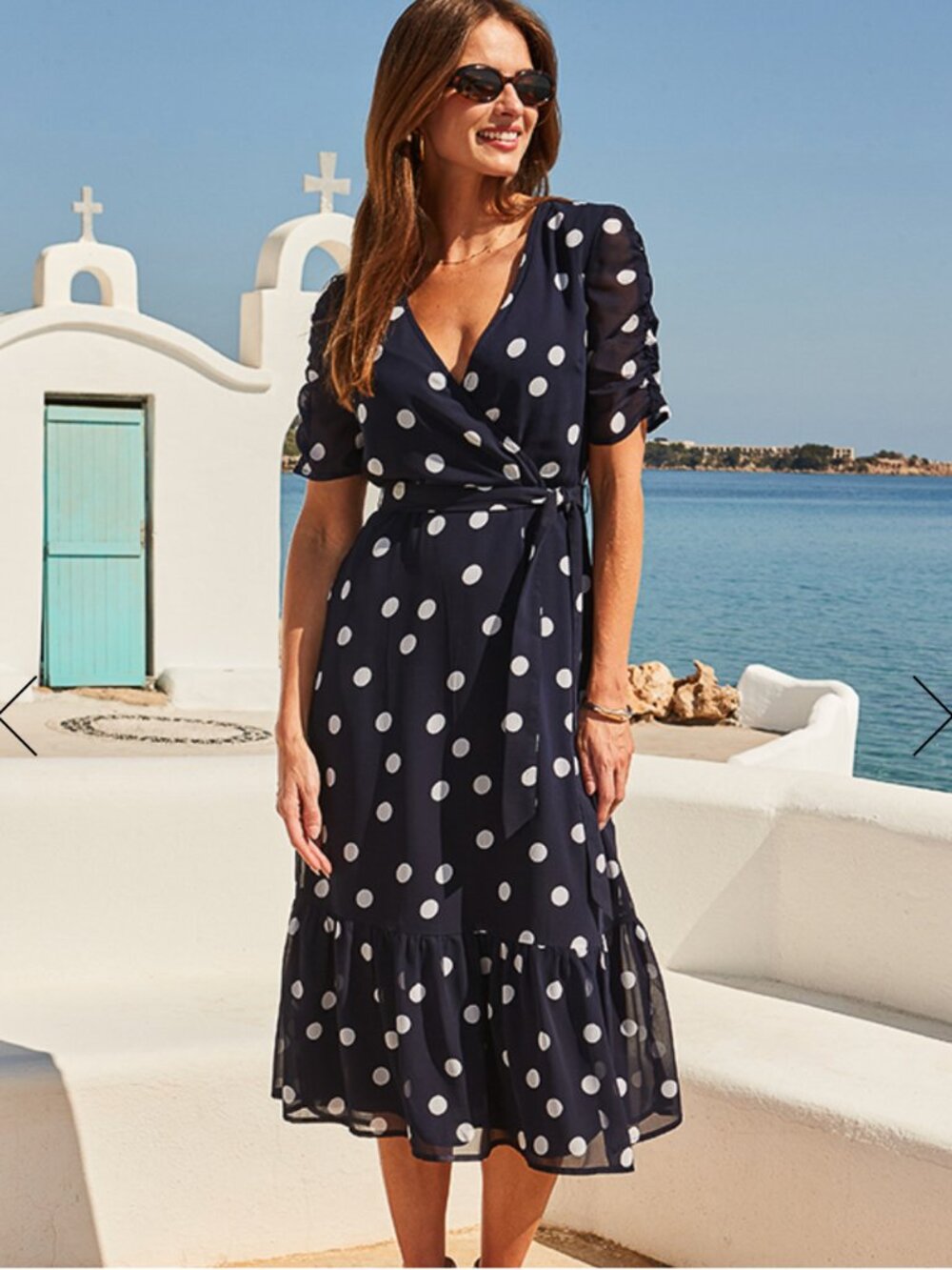 Navy Blue and White Polka Dot Print Faux Wrap Dress